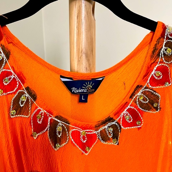 Riviera Sun L  bright orange/red/brown w/embroidery and sequins coverup. Hi/lo - Picture 3 of 7